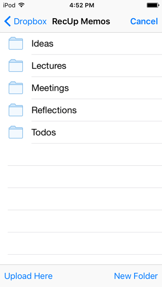Browsing Dropbox to choose an upload folder